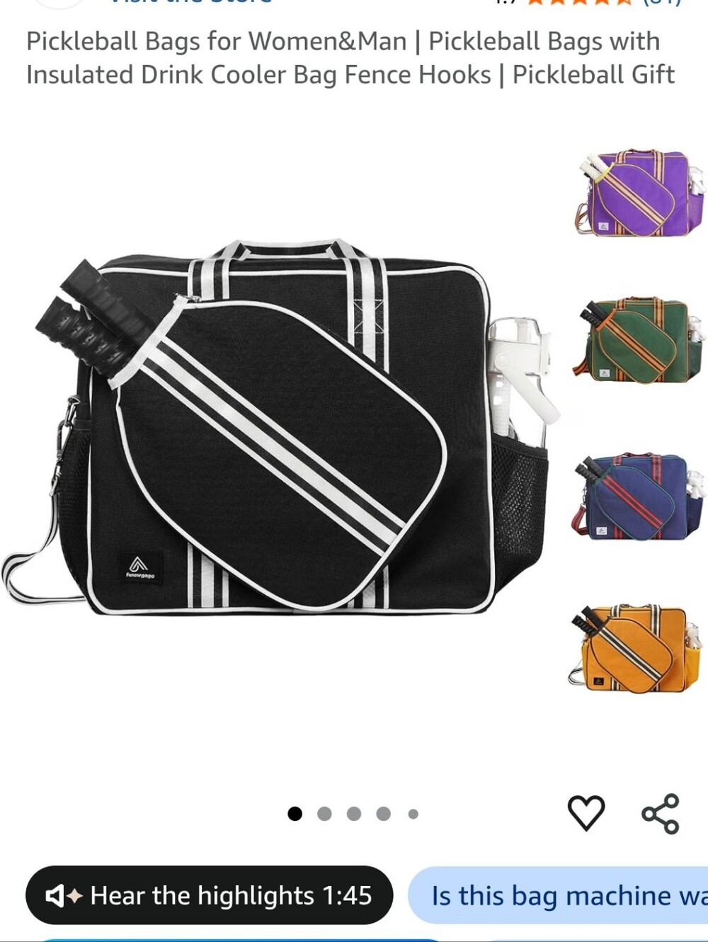 Pickleball Carry Bag with Paddle Pocket - Black with White Stripes